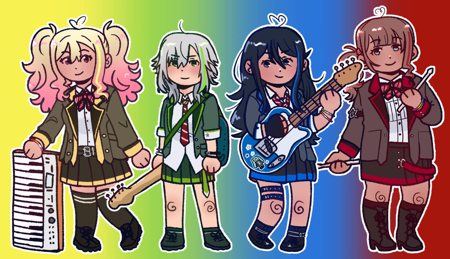 a redraw of leo/need's third anniversary designs from project sekai. they all have an extra stripe of their color in their hair