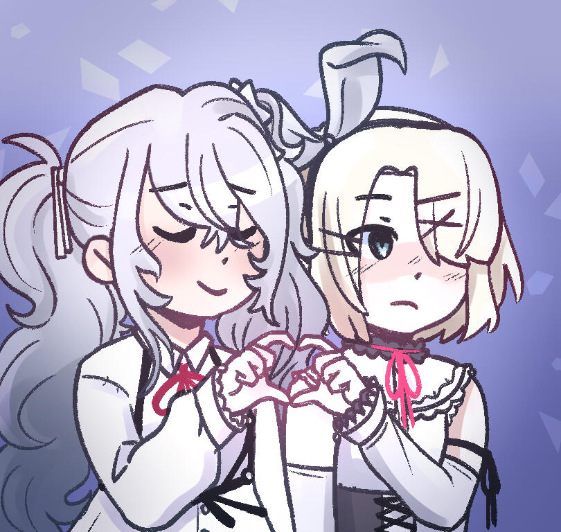 hatsune miku and kagamine rin, standing next to each other and making a heart with their hands, in their niigo designs from project sekai