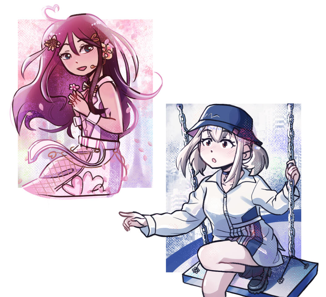 redraws of ichikas sakura card and kohane's walk on and on cards from project sekai