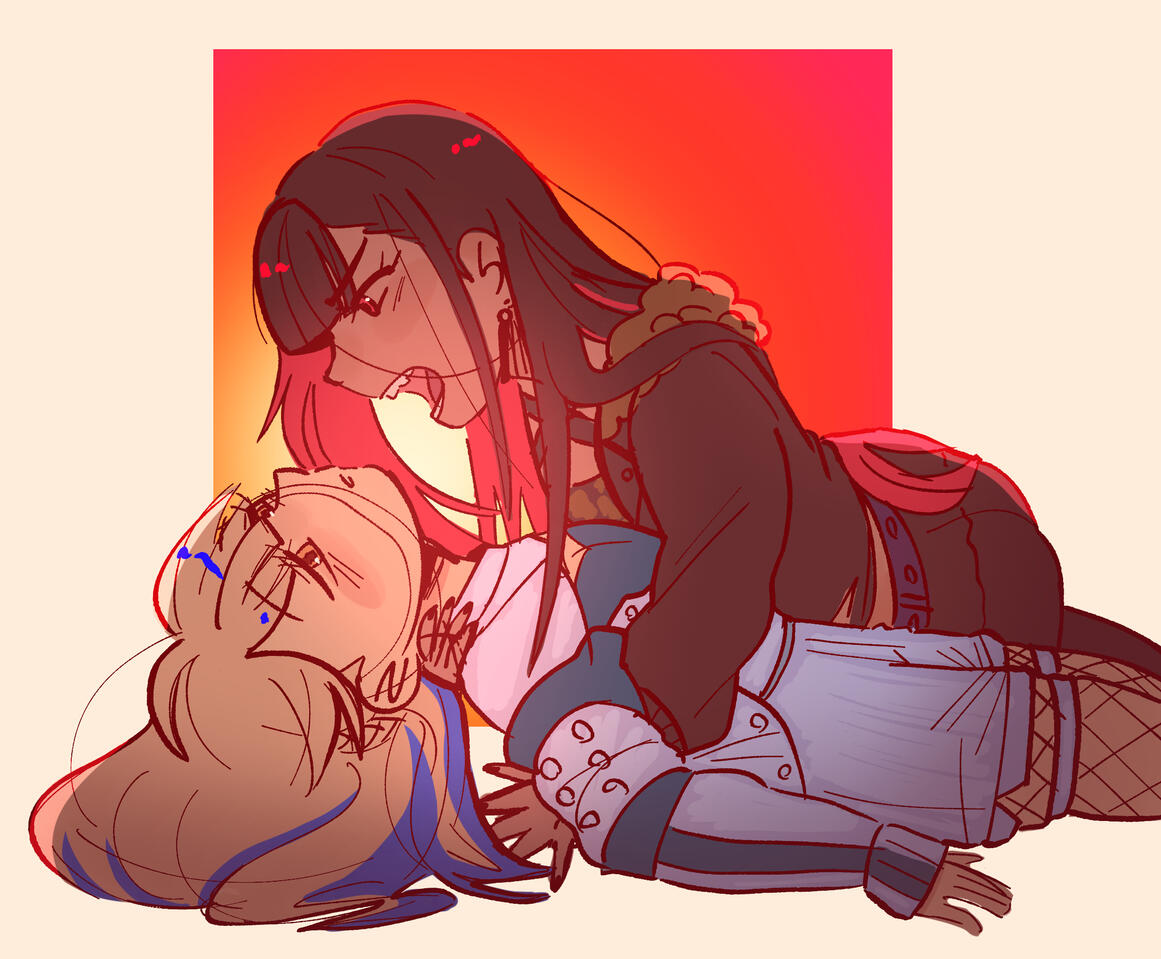 a redraw of an's whip the wimp girl card from project sekai, where she's leaning over a limp kohane