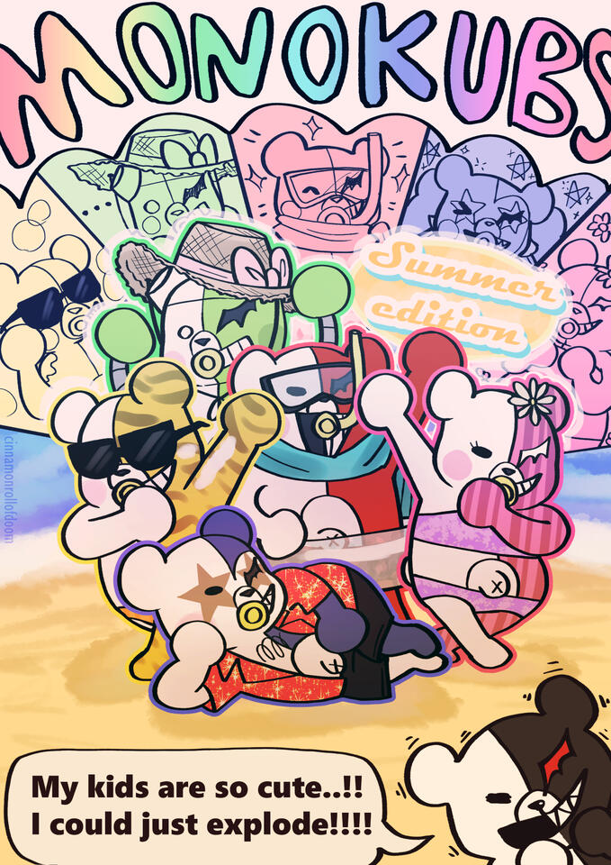 a drawing of the monokubs from danganronpa v3 posing in summer outfits