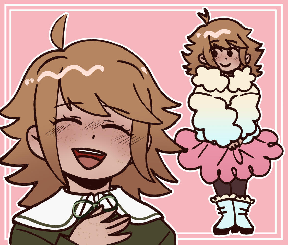 a drawing of chihiro fujisaki from danganronpa, smiling widely with her eyes closed. in a second fullbody drawing next to it she's wearing a fluffy jacket and poofy skirt